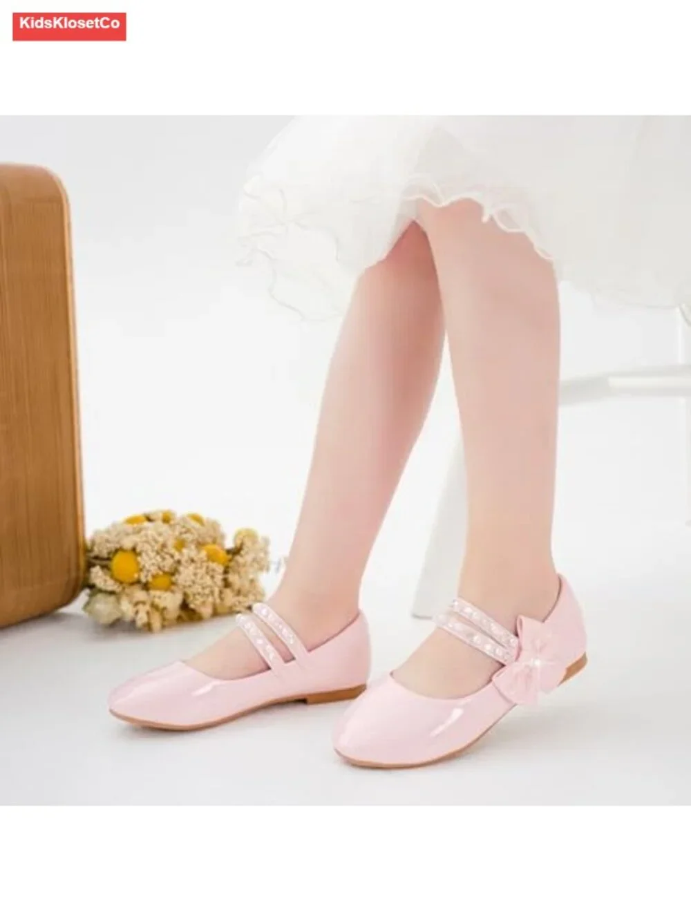 Toddler Girls Mary Jane Flats - Faux Leather Dress Shoes with Bow